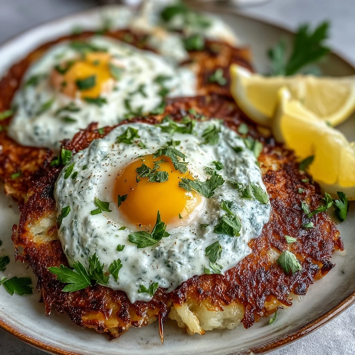 Seasoned celeriac rösti served with lemon wedges and a vibrant swirl of spicy harissa yogurt for dipping.