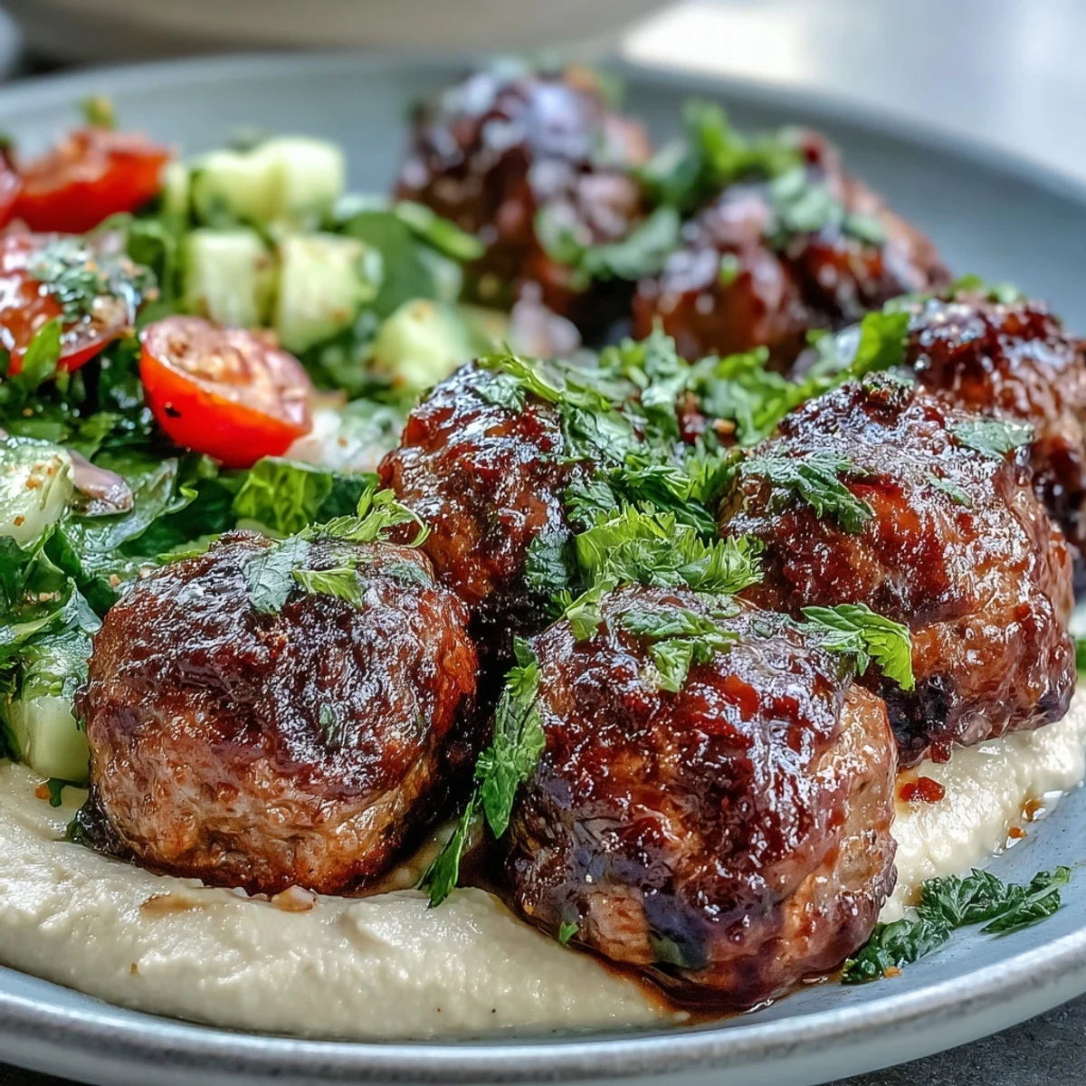 Golden-brown venison meatballs rest beside a vibrant salad and creamy hummus, garnished with fresh parsley.  