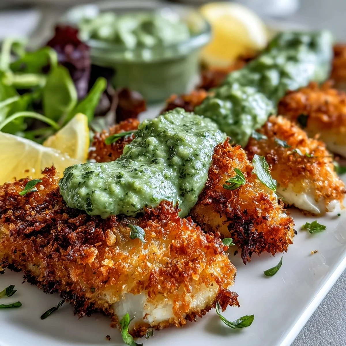 Golden-brown haddock goujons with a crunchy Parmesan crust are plated beside bright green pea pesto and lemon wedges.