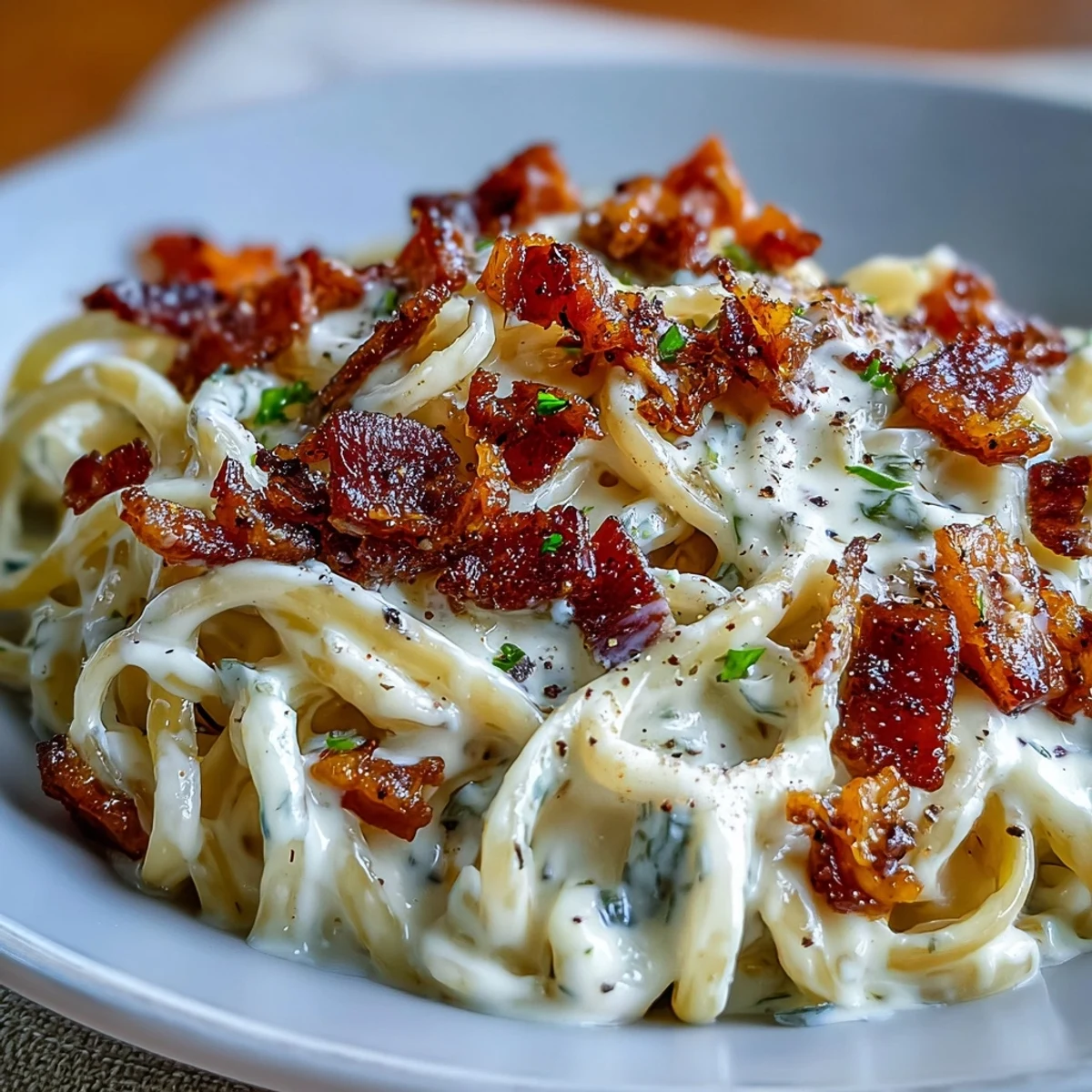 Golden, crackling pancetta glistens beside spiralised celeriac noodles in a rich, velvety carbonara sauce.