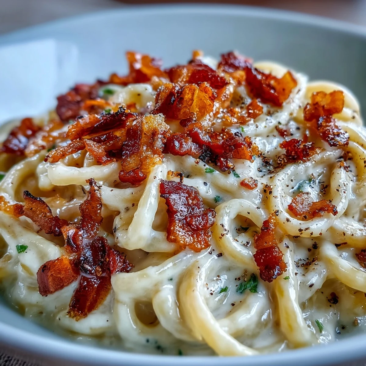 Serve this low-carb celeriac carbonara garnished with extra Parmesan and black pepper, ideal with a glass of Pinot Grigio.