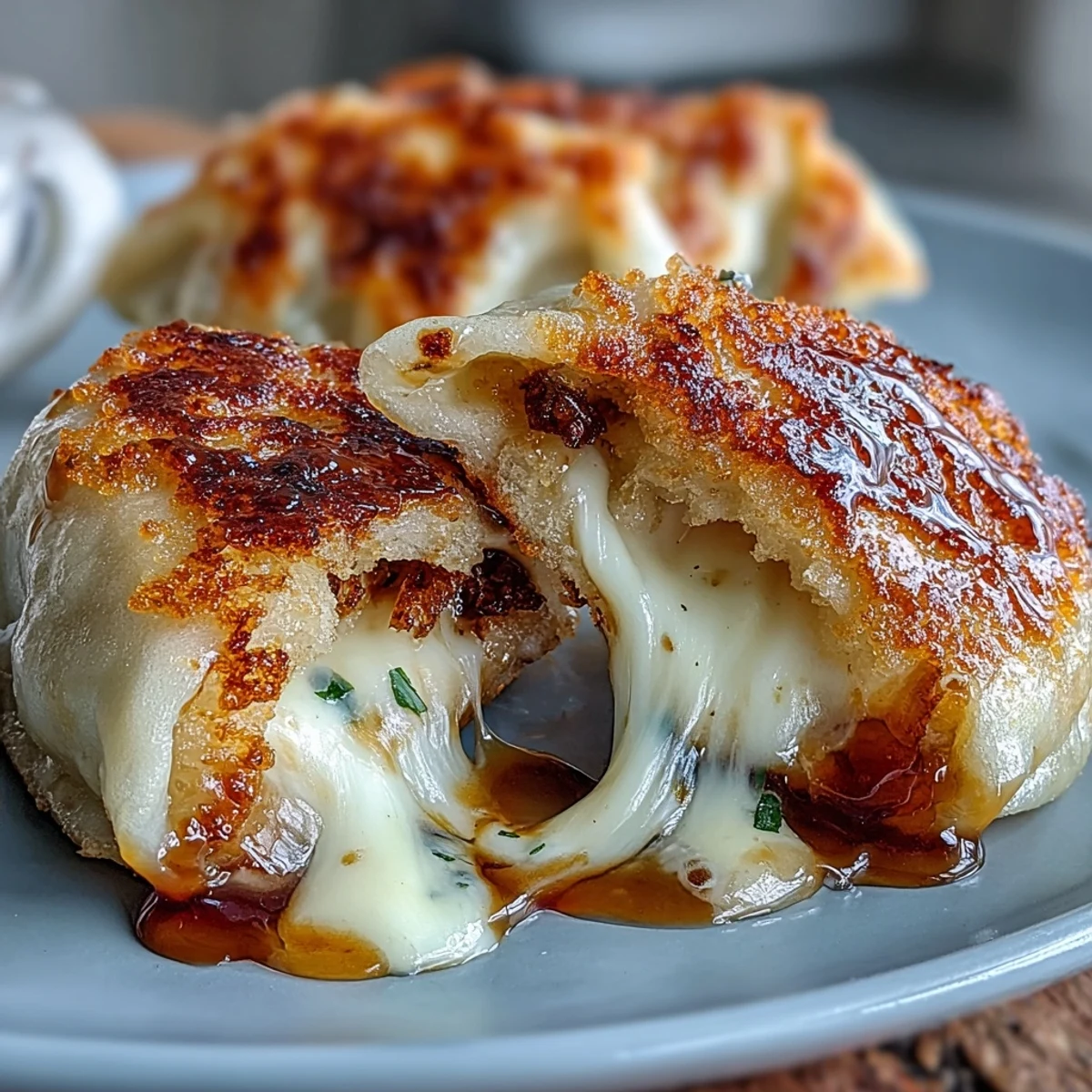 Close-up of crispy Chīzu Imomochi dumplings coated in glossy soy-honey sauce, garnished with fresh scallions.