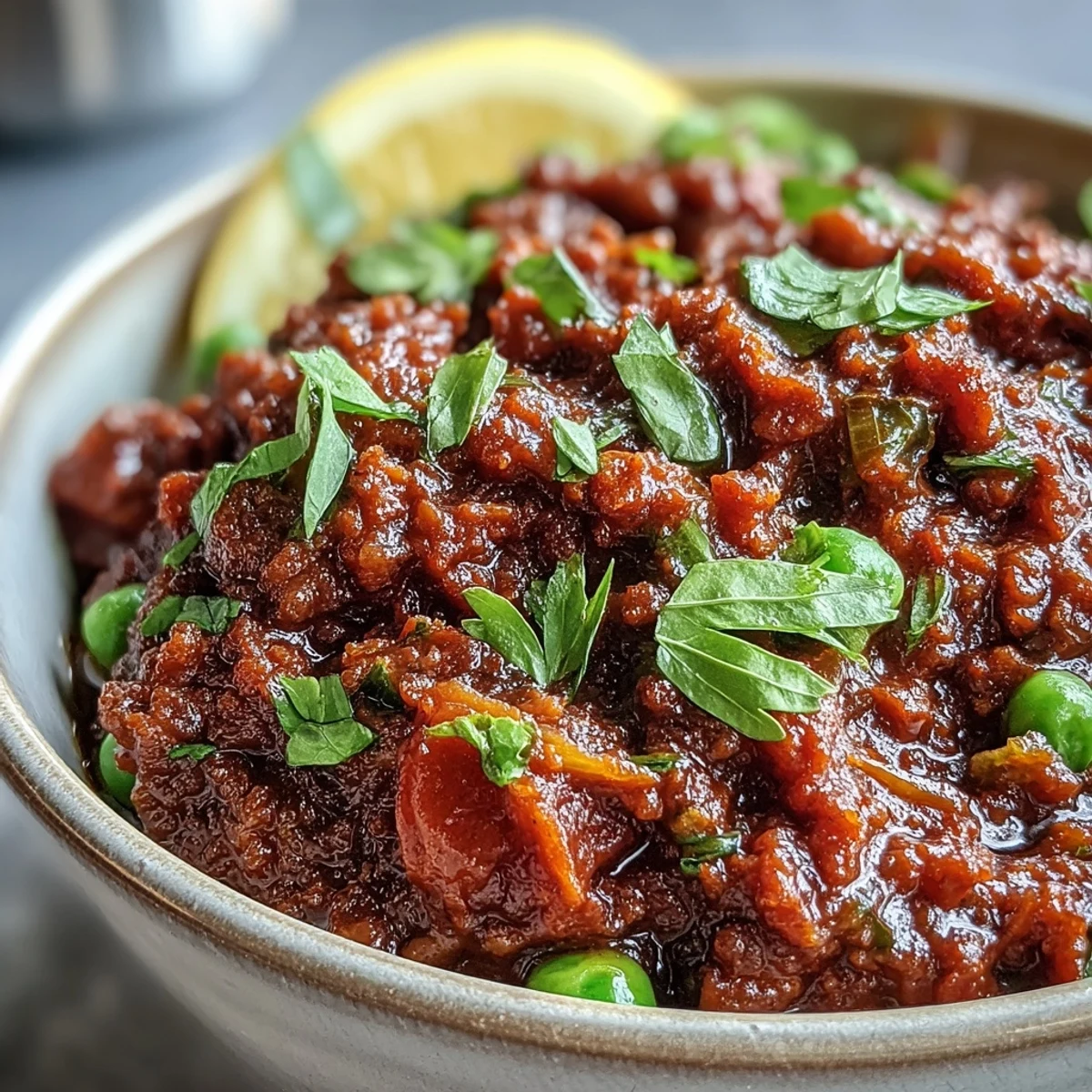 A close-up of Venison Keema Curry in a skillet, its rich brown sauce dotted with green peas and fresh cilantro, beside a bowl of basmati rice.