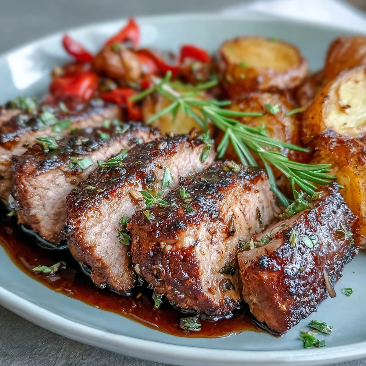 Golden-brown marinated Ibérico pork fillet slices rest beside crispy roasted potatoes and tender red pepper strips on a rustic plate.