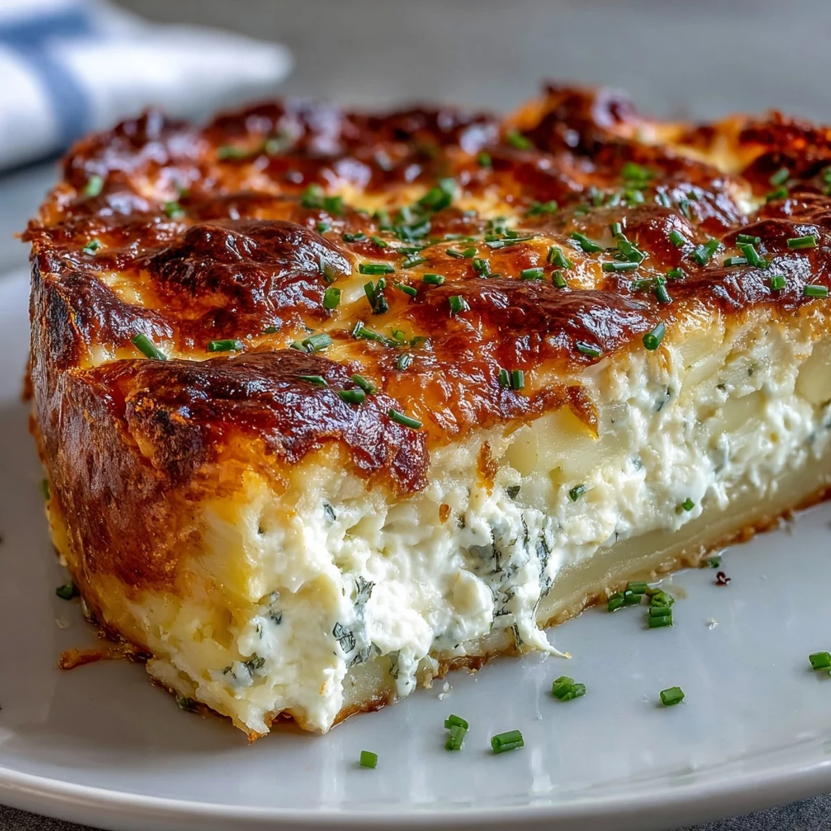 Golden-baked Cheese and Potato Pie with bubbling Gruyère and cheddar crust, served alongside a fresh green salad.