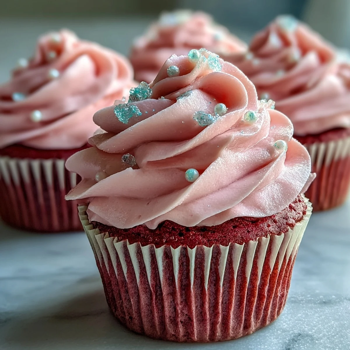 Freshly frosted Pink Velvet Cupcakes with Vanilla Buttercream Frosting on a marble surface, topped with pink sanding sugar.