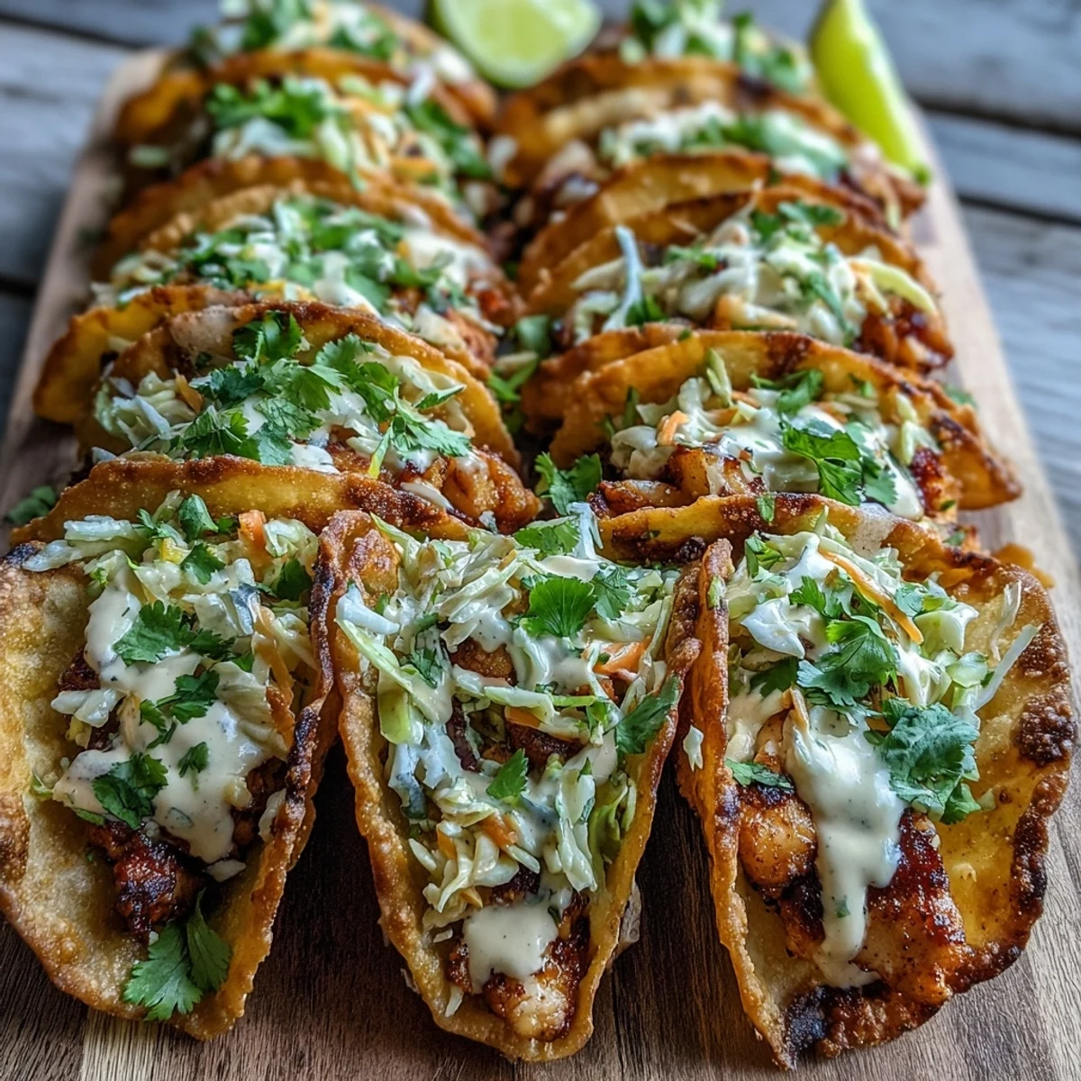 Golden-brown crispy wonton taco shells filled with smoky ginger chicken, vibrant slaw, and drizzled with creamy sriracha mayo.