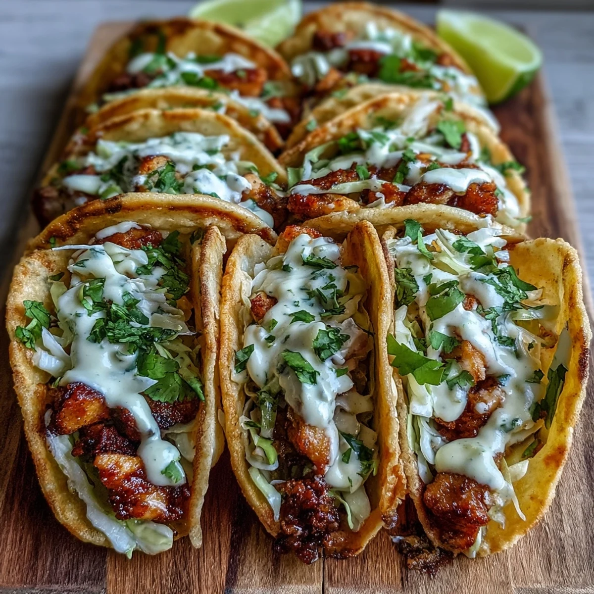 A platter of Crispy Chicken Wonton Tacos garnished with fresh cilantro and served with lime wedges for squeezing.