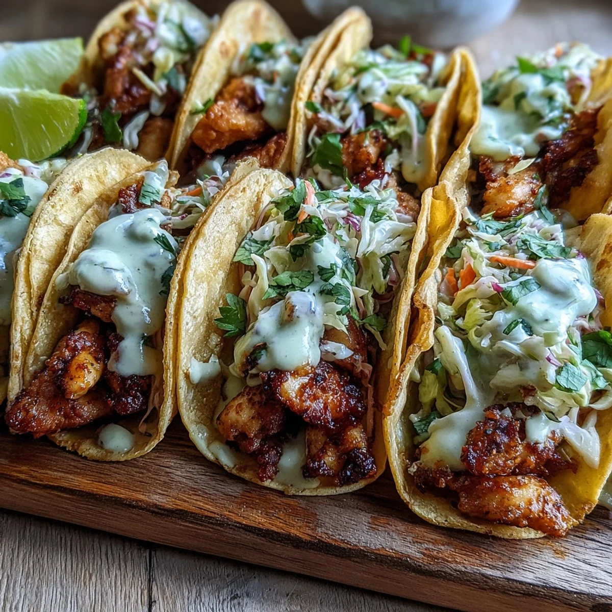 Close-up view of an Asian fusion Crispy Chicken Wonton Taco showcasing juicy chicken strips and crunchy purple cabbage slaw.
