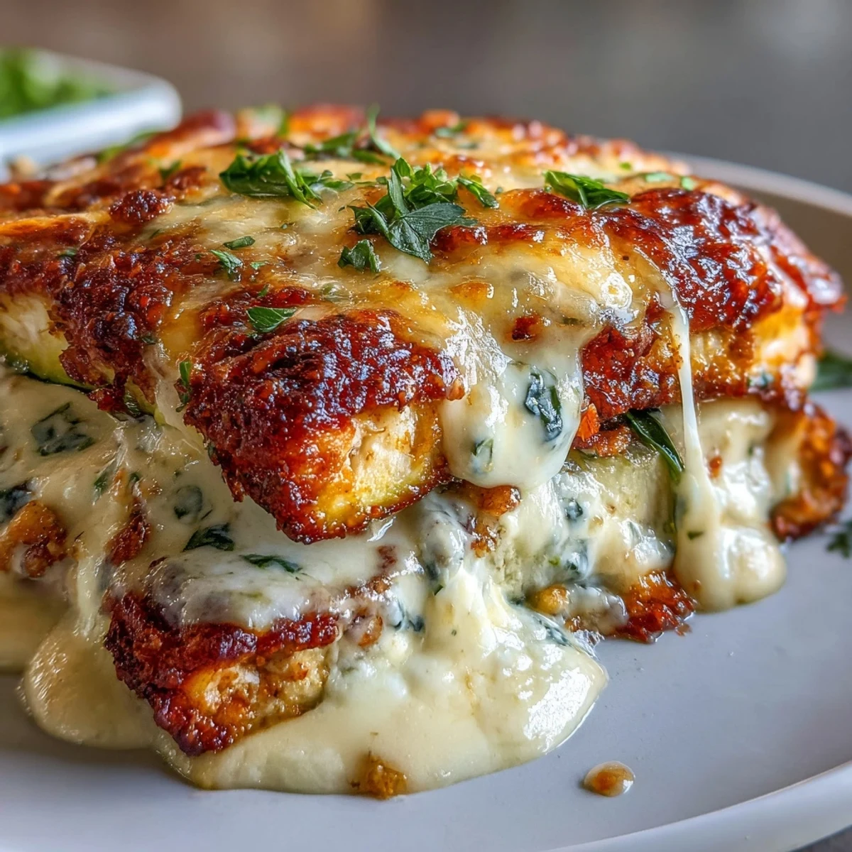 Golden-seared chicken and zucchini slices layered with creamy yogurt and topped with melted mozzarella in the High Protein Chicken Zucchini Bake.