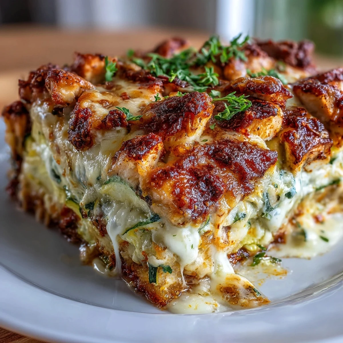 Close-up of High Protein Chicken Zucchini Bake revealing bubbling Parmesan topping and juicy chicken layered with zucchini in a ceramic dish.