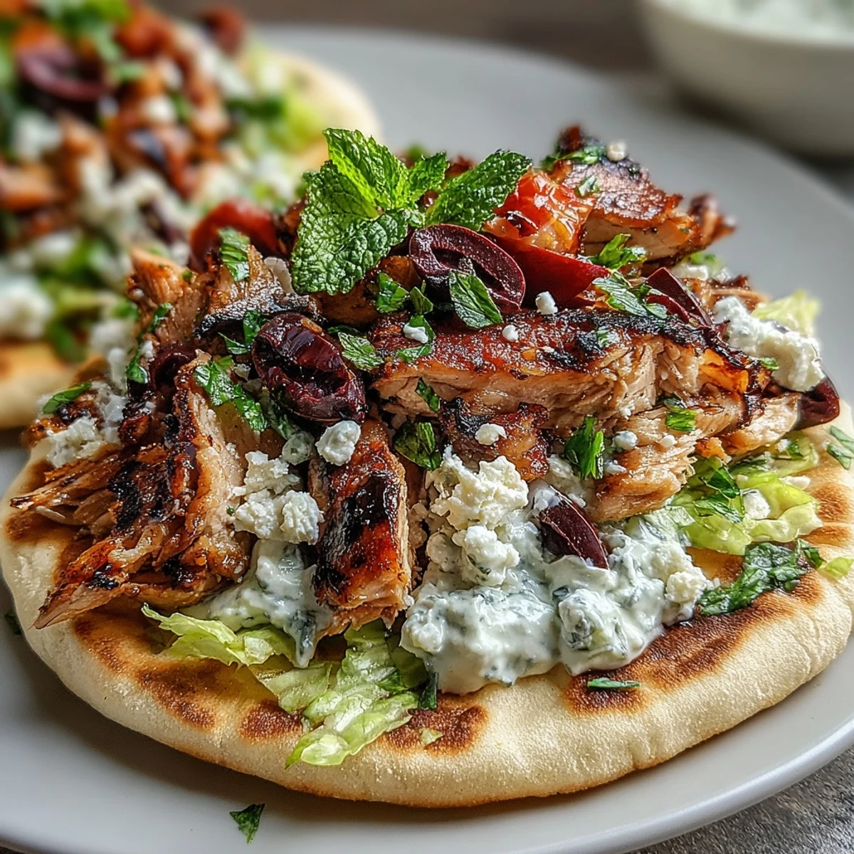 Juicy oregano-marinated chicken thighs sizzling in a skillet next to a bowl of cool, tangy cucumber feta tzatziki sauce. 