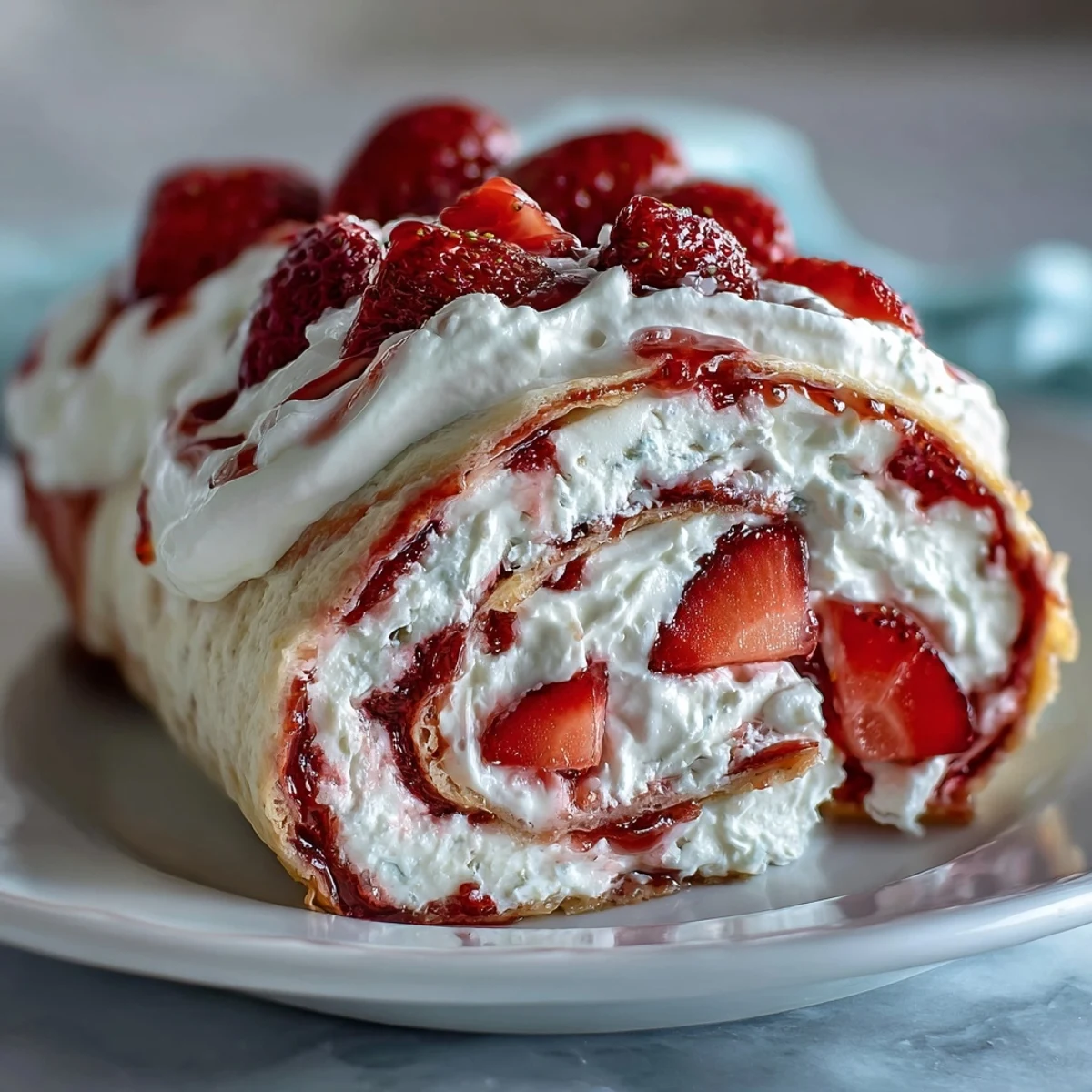 Golden-brown crepe spirals filled with strawberries, whipped cream, and sponge cake, drizzled with white chocolate on a rustic table.