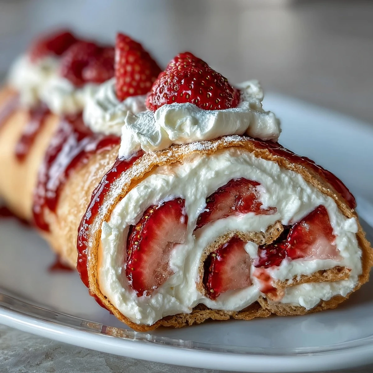 Overhead view of sliced Strawberry Shortcake Sushi Roll pieces, garnished with fresh mint leaves on a white ceramic plate.