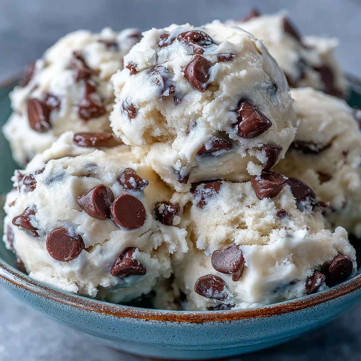 Close-up of Greek Yogurt Cookie Dough showing creamy texture, mini chocolate chips, and a freshly scooped bite.