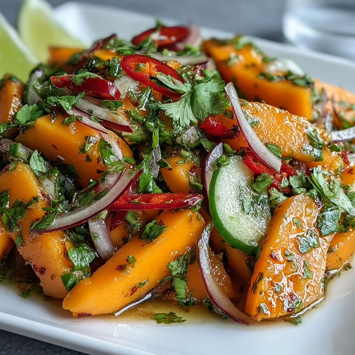 Colorful Mango Salad topped with chilies and red onion rests on a white plate, ready for a refreshing, light dinner.