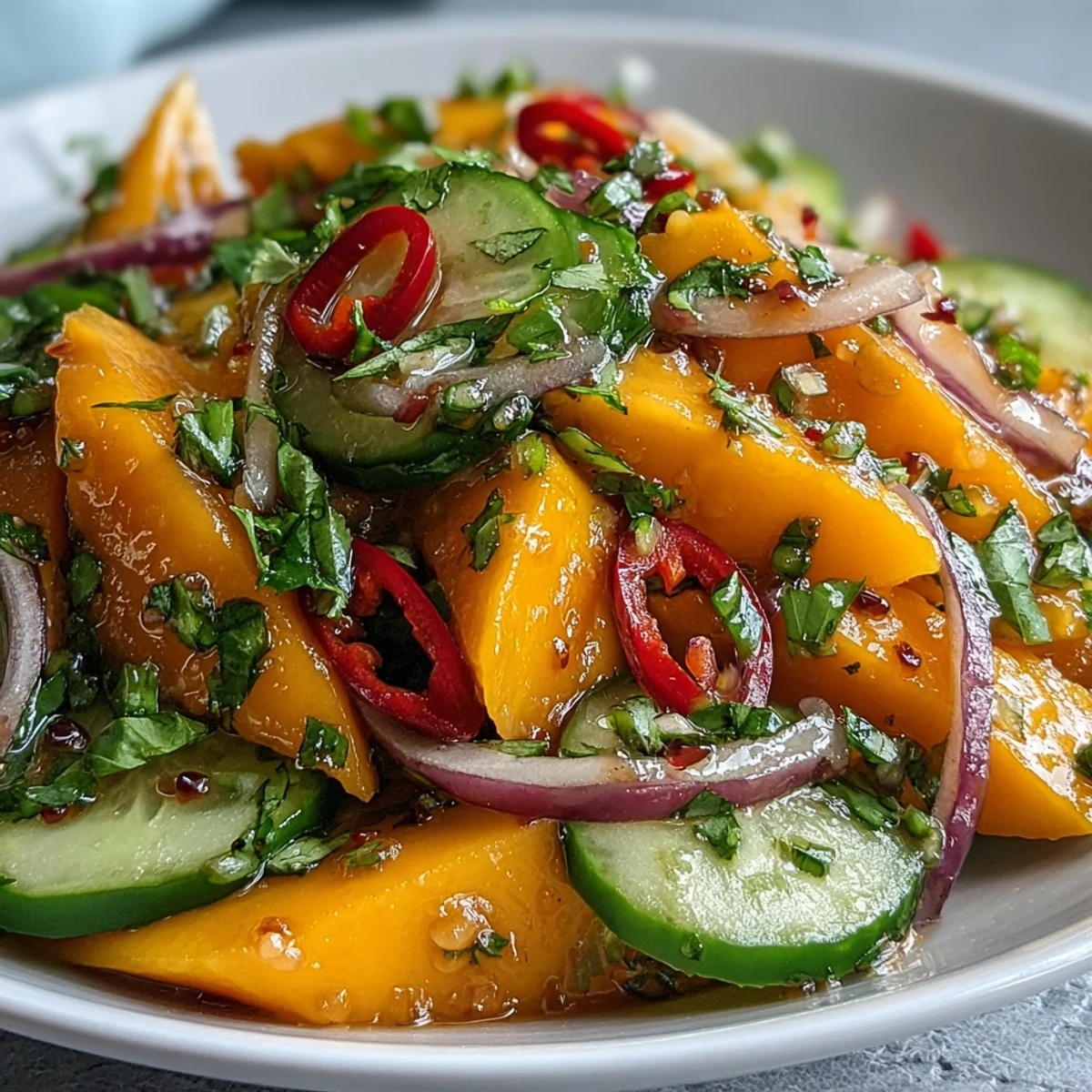 Fresh Mango Salad with lime dressing is served in a ceramic bowl, garnished with cilantro, ideal for summer gatherings.