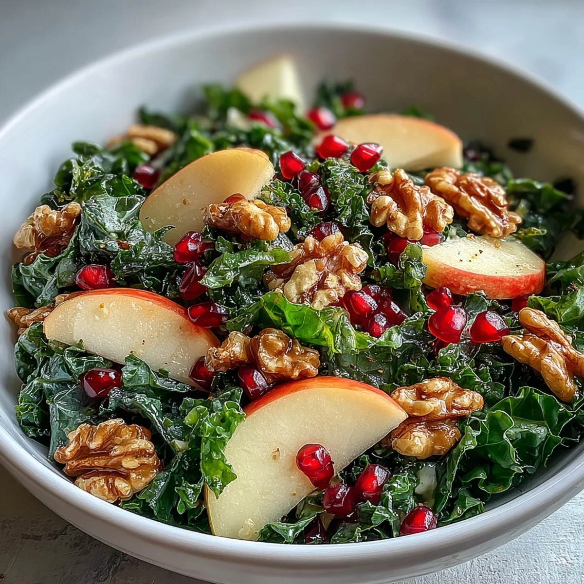 Fresh massaged kale topped with bright red pomegranate seeds, crisp apple slices, and chopped walnuts tossed in a tangy apple cider vinaigrette.