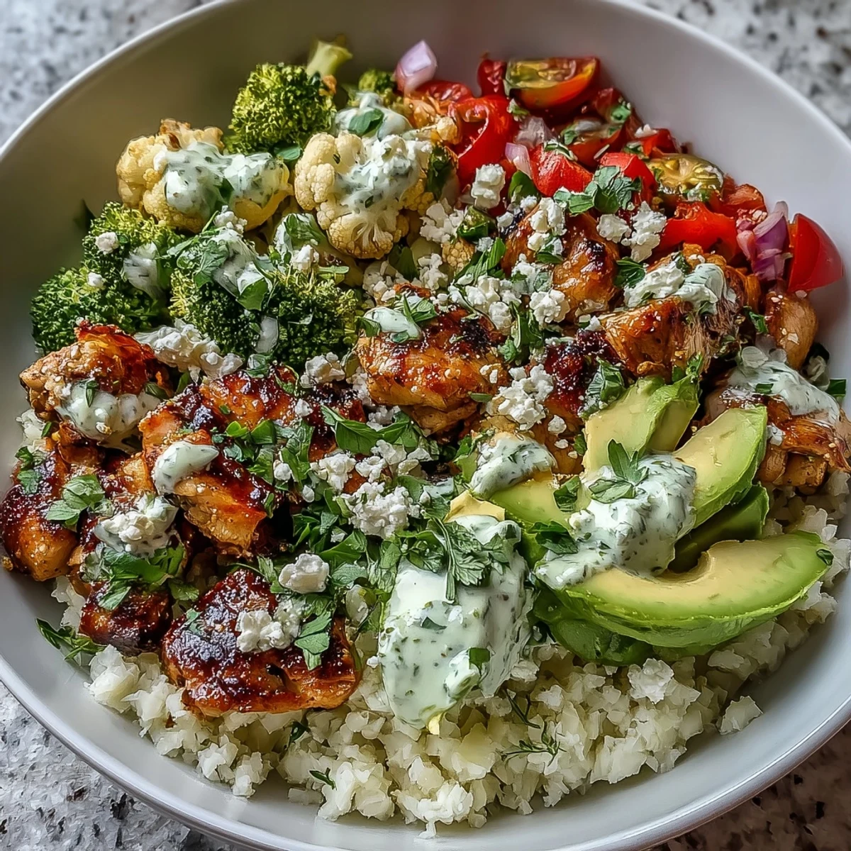 A bowl of cauliflower rice topped with seasoned chicken, avocado, cherry tomatoes, and fresh cilantro.