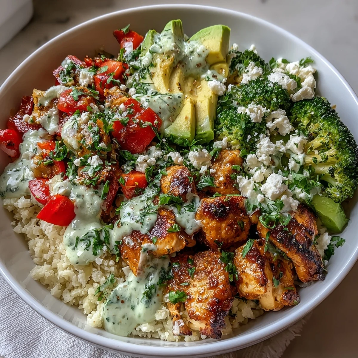 Delicious Cauliflower Rice Bowl with golden chicken, veggies, and crumbled feta, drizzled with yogurt sauce.