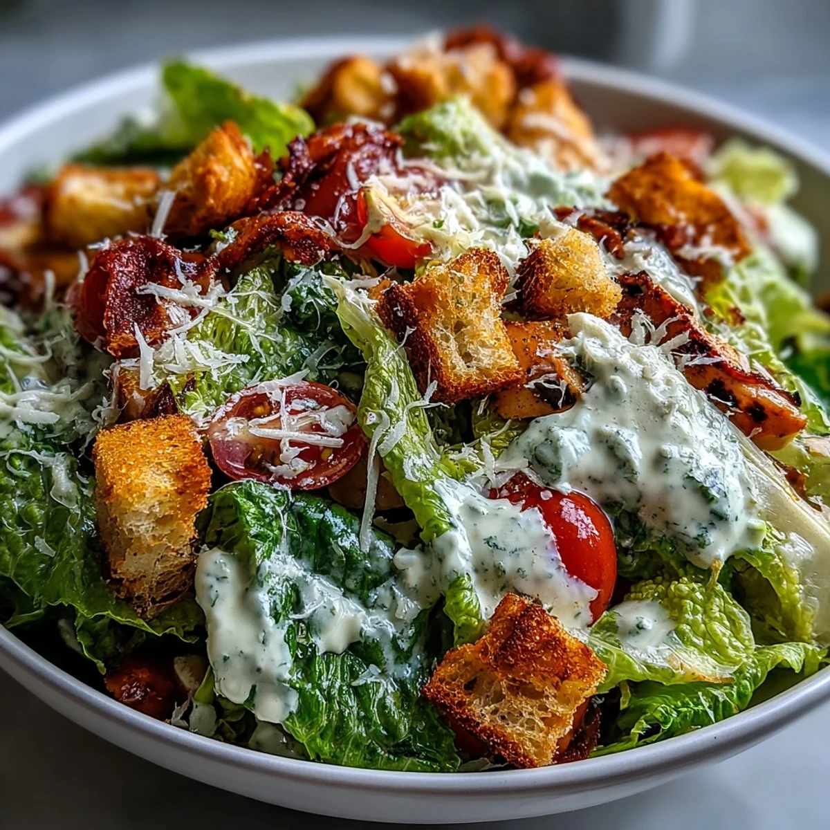 Vibrant Romaine Caesar Bowl with cherry tomatoes and shrimp, drizzled with dressing and served on a white plate.