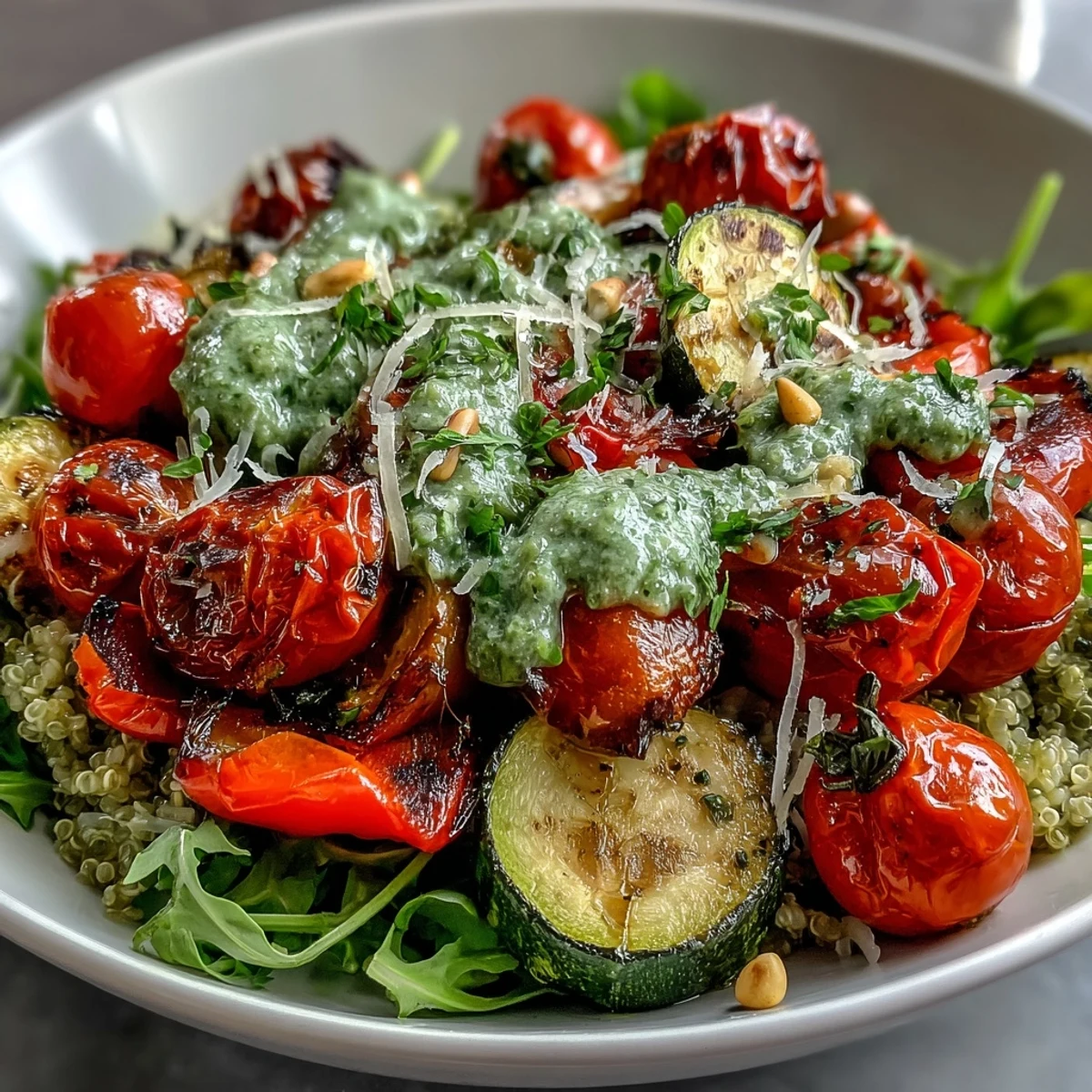 A scoop of fluffed quinoa sits beside roasted veggies in a white bowl, drizzled with vibrant green arugula pesto.