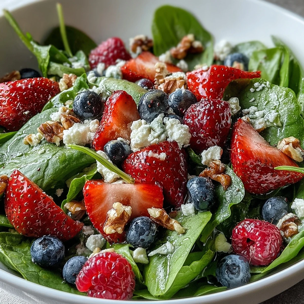 Fresh baby spinach topped with mixed berries, crumbled goat cheese, and toasted walnuts tossed in a tangy balsamic vinaigrette.