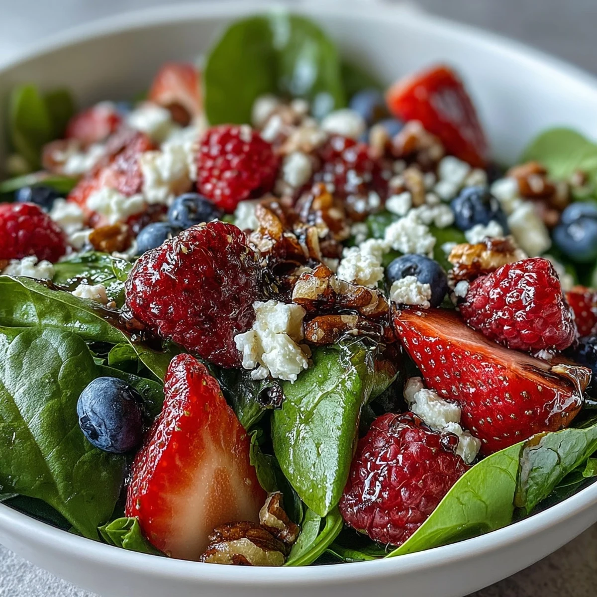 Close-up of a vibrant spinach and berry salad bowl with creamy goat cheese, crunchy pecans, and sliced red onion.
