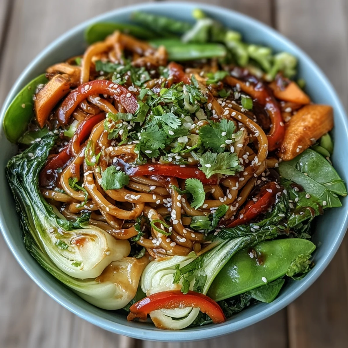 Vibrant stir-fried vegetables like bok choy and bell peppers are tossed with shirataki noodles in a glossy ginger sauce.