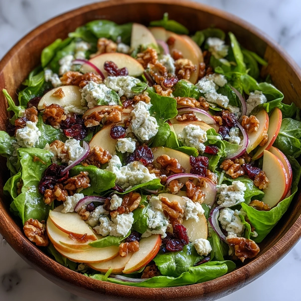 A bowl of Mixed Greens and Apple Salad with crunchy walnuts, creamy goat cheese, and sliced apples tossed in a tangy cider vinaigrette.