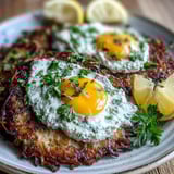 Perfectly fried eggs and dollops of harissa yogurt add rich flavor to this vegetarian celeriac rösti recipe.