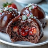 Bite-sized Dubai-inspired strawberry truffles coated in rich dark chocolate, subtly spiced with rosewater and cardamom.