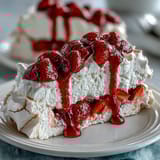 Beautiful strawberry pavlova with crisp meringue base topped with whipped cream and fresh strawberries.