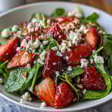 Fresh strawberry spinach salad with poppyseed dressing in a white bowl, garnished with sliced almonds and feta cheese. Bright red strawberries and vibrant greens create a colorful, healthy dish perfect for spring.