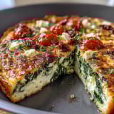 A fluffy spinach and feta frittata with sun-dried tomatoes, baked golden and ready for brunch.  