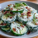 Refreshing TikTok cucumber salad, creamy dressing and savory bagel crunch.