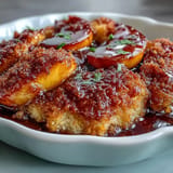 Warm, sweet Peach Cobbler with fluffy biscuit topping alongside melting vanilla ice cream.