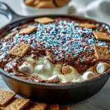 Festive 3-ingredient 4th of July S'mores Dip ready for scooping with graham crackers.