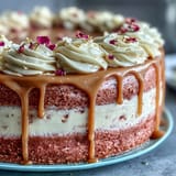 Decadent Bridal Shower Rosé Velvet Cake, adorned with glossy gold drizzles.