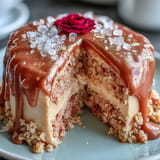 Soft rosé velvet cake with glossy gold drip, perfect for celebrations.