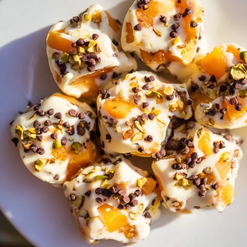 Frozen peach yogurt bites, frozen solid, offer a cool, creamy treat with sweet peach chunks.