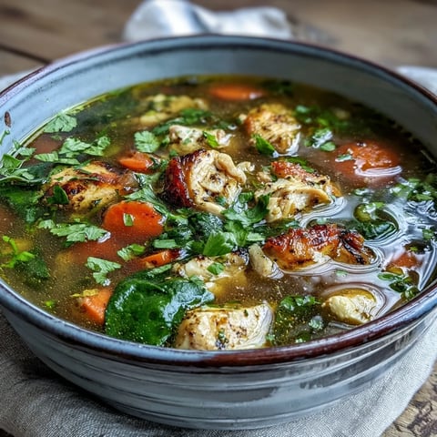 Bright orange Turmeric Chicken Soup steaming in a white bowl, topped with fresh cilantro and lemon wedges. 