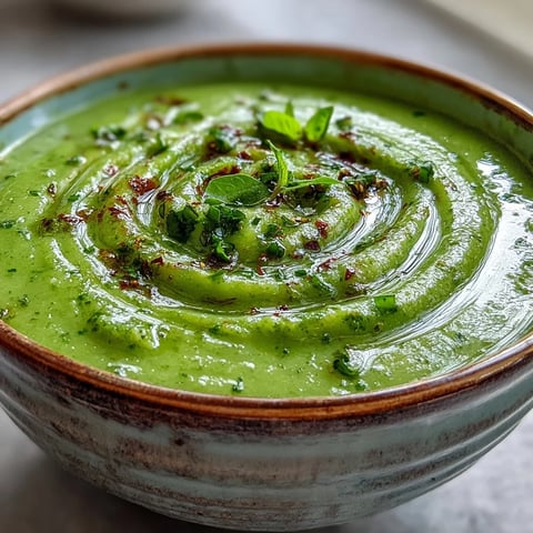 Creamy green Courgette, Pea and Pesto Soup steaming in a white bowl, garnished with fresh basil leaves and a rustic loaf of bread nearby.