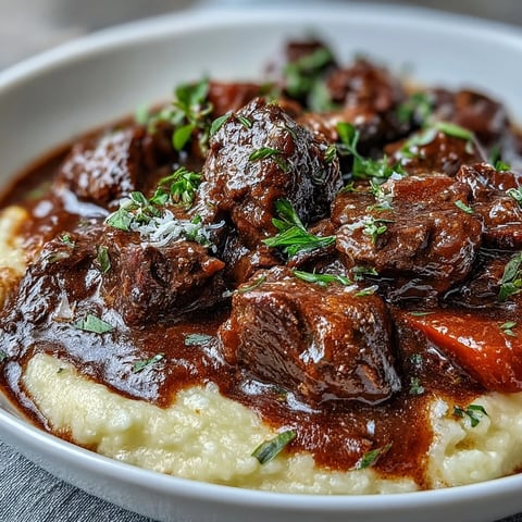 A close-up of venison stew with sloe gin and polenta, featuring tender meat and aromatic vegetables in a rich, glossy sauce.