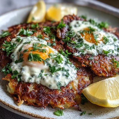 Golden, crispy celeriac rösti topped with a fried egg and spicy harissa yogurt for a savory brunch plate.