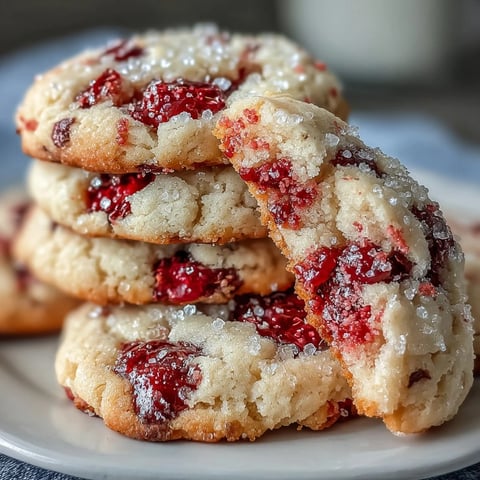 Glistening Soft Chewy Raspberry Sugar Cookies with a sparkly sugar crust and jammy berry pieces on a white plate.