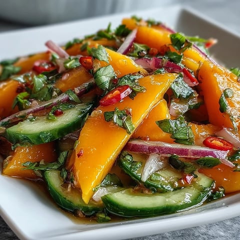Sliced mango and crisp veggies glisten with tangy lime-honey dressing, flecked with cilantro, perfect for a vibrant lunch.