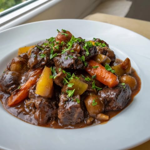 Golden, crusty homemade bread with a side of rich, flavorful earthy beef stew.