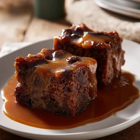 Golden, baked Weekend Cabin-Style Sticky Toffee Pudding squares, ready to be served with extra luscious toffee.