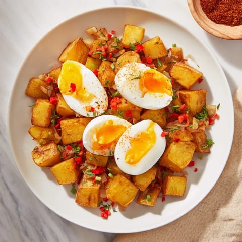 A hearty portion of Simple Skillet Egg and Potato Hash is shown, with crispy potatoes and soft eggs.
